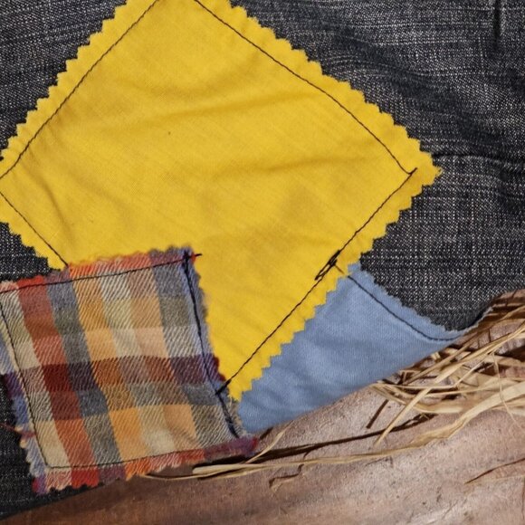 Womens Juniors XL Sexy‎ Scarecrow Denim Dress Overalls Jumper Bibs Patches - Picture 6 of 11